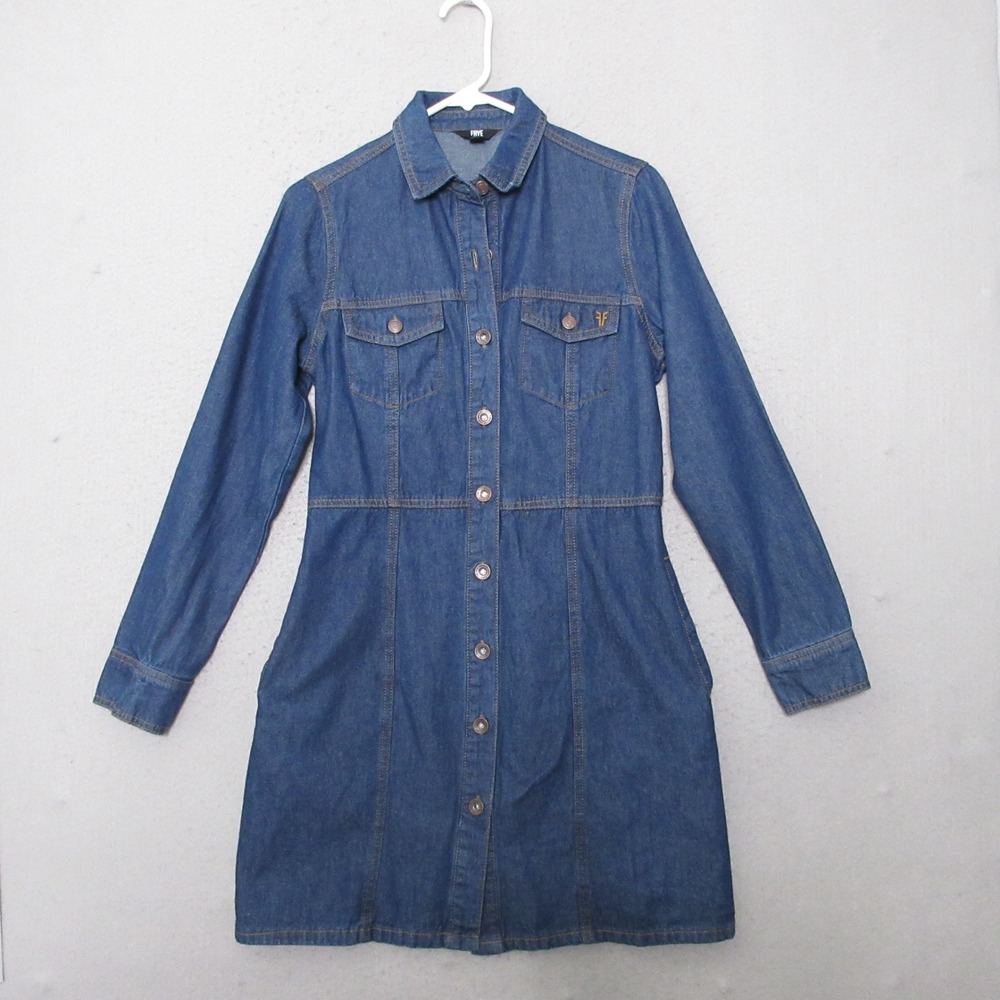 Frye Denim Shirt Dress XS Blue Western Utility Jean Dress Pockets Timeless